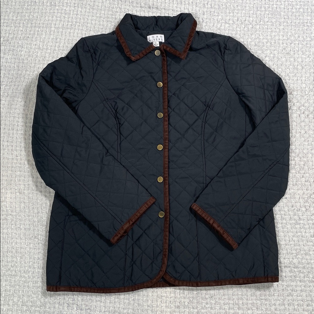 Womens Vintage Joan Rivers Quilted Jacket Coat Faux Suede Trim Patch Pockets Med